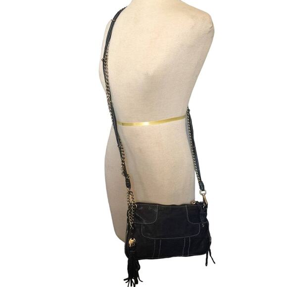 OLIVIA HARRIS CROSSBODY BAG Purse Navy fringe boho festival luxury lux NWT - Picture 2 of 5